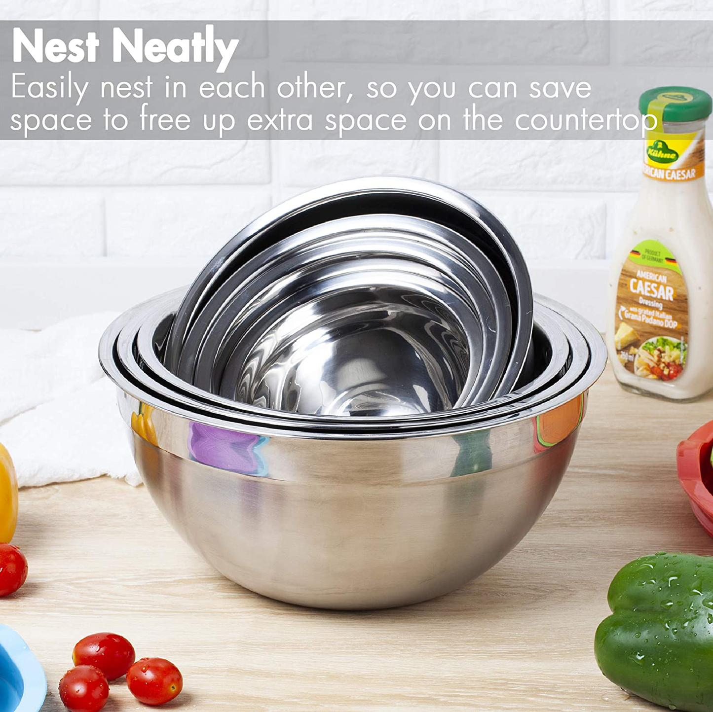 7-Piece Stainless Steel Mixing Bowl Set with Lids – Nesting, Space-Saving