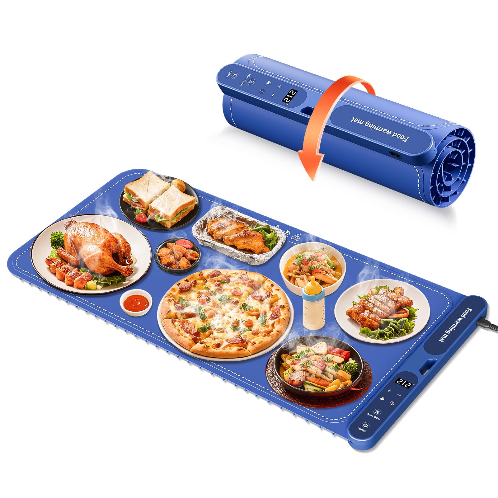 Warming Mat for Food Extra Large 32"x15", Electric Silicone Food Warmer Trays for Chafing Dishes & Buffet,Portable Countertop Food Warmers for Parties, 7-Level Temp 8-Hour Timer, Blue