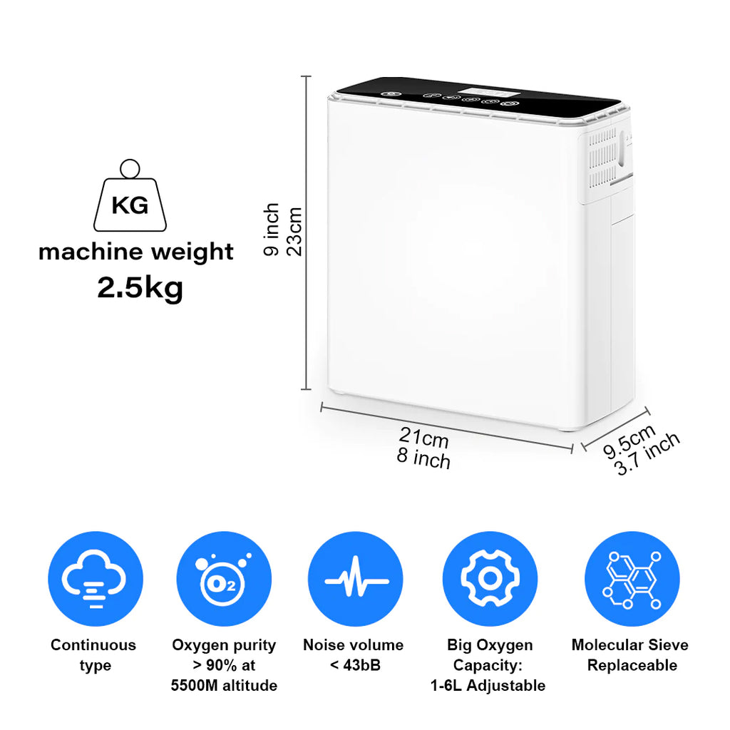 1L- 6L Portable Continuous Flow Lightweight Mini Oxygen Concentrator With 4 Hours Battery & Free Carry Bag
