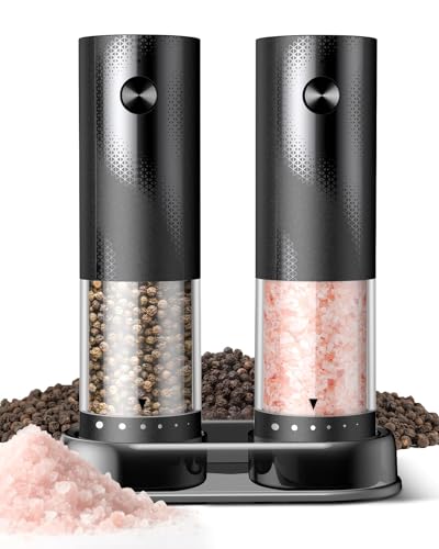 Electric Salt and Pepper Grinder Set - Rechargeable Automatic Salt and Pepper Shakers, Kitchen Appliances with External Adjustable Coarseness, Larger Hopper for Cooking, Home Gifts(2 Pack,Black/Black)