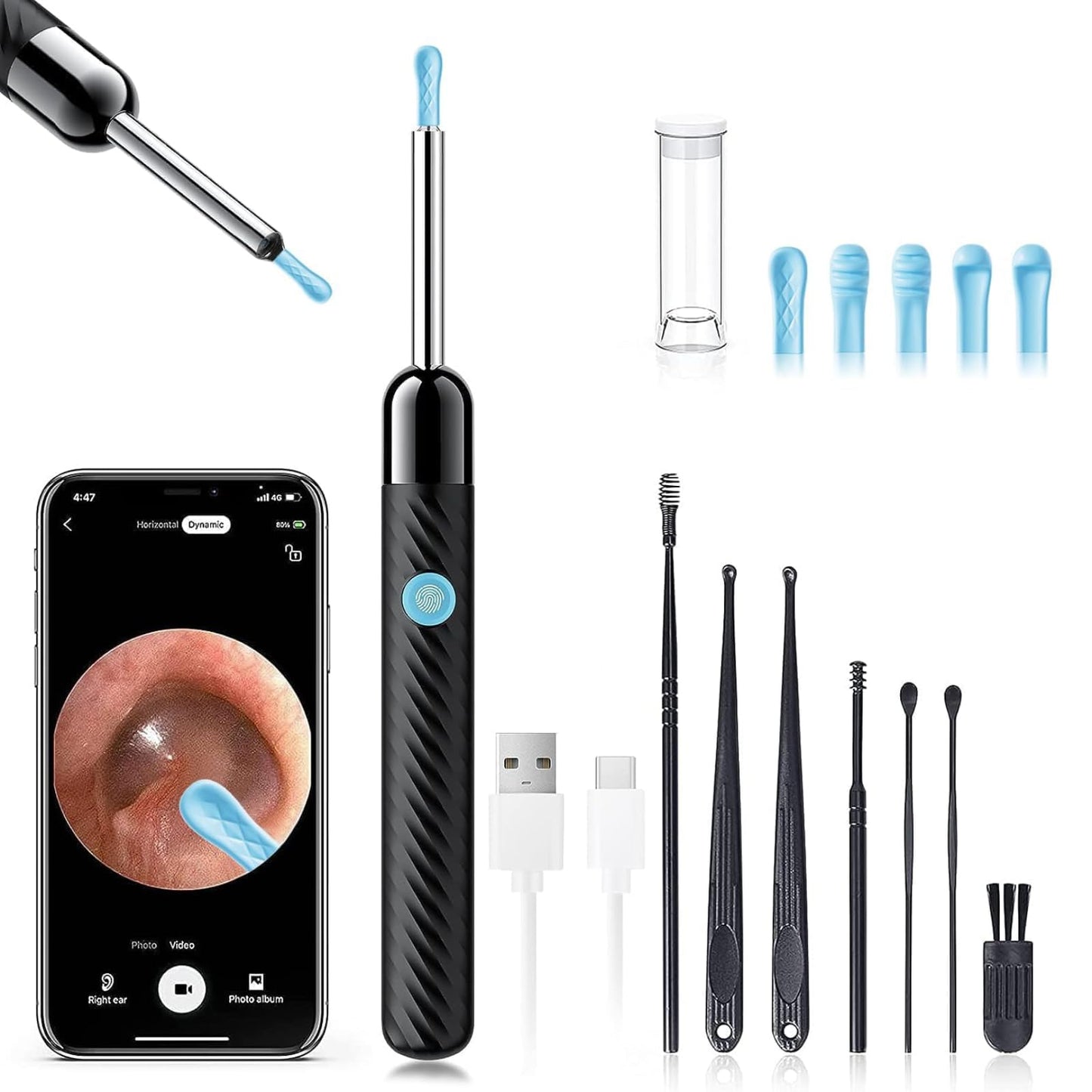 Ear Wax Removal - Earwax Remover Tool with 8 Pcs Ear Set - Ear Canal Cleaner with 1080P Camera - FSA HSA Eligible - Ear Cleaning Kit with 6 Ear Spoon - Ear Camera for iOS & Android (Black)