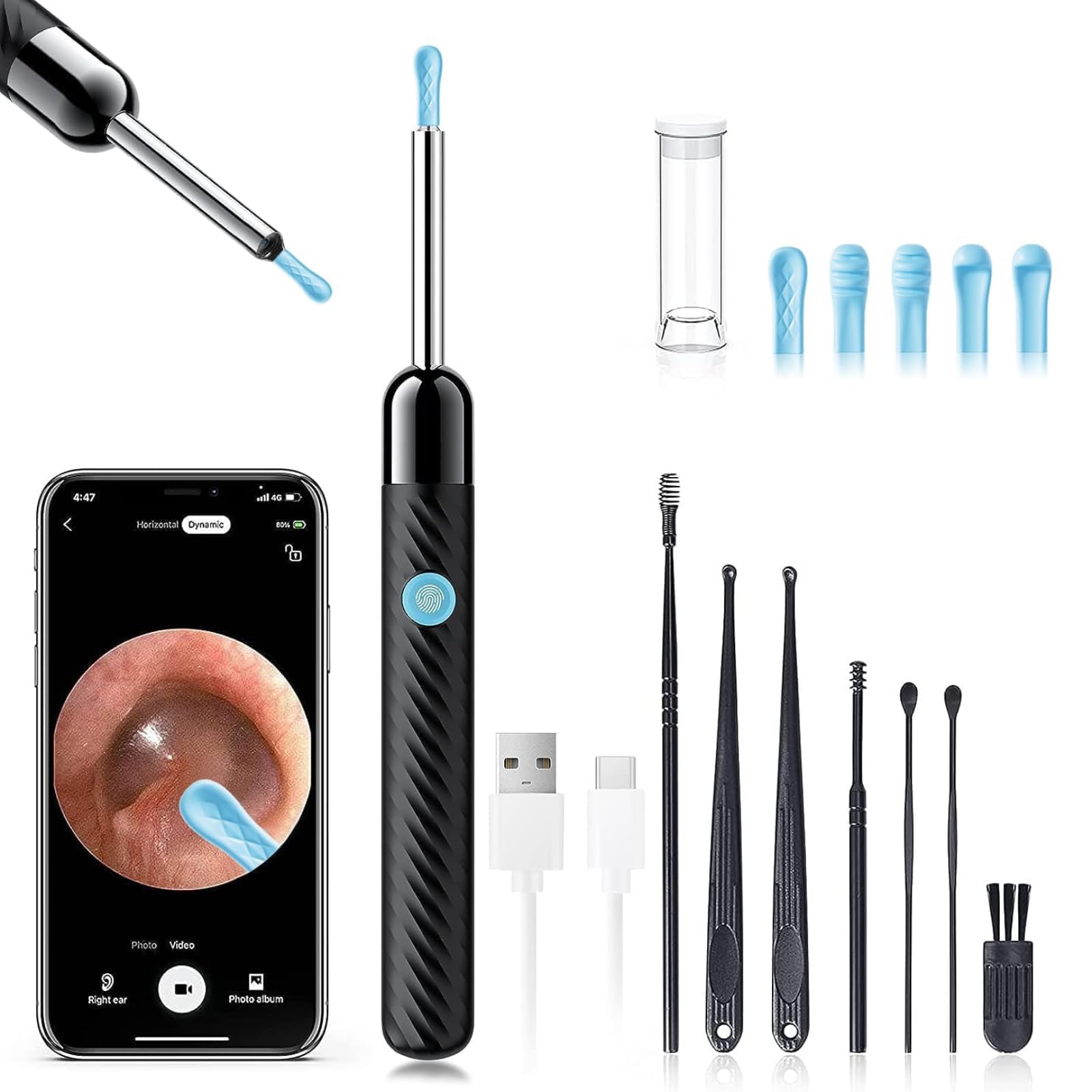 Ear Wax Removal - Earwax Remover Tool with 8 Pcs Ear Set - Ear Canal Cleaner with 1080P Camera - FSA HSA Eligible - Ear Cleaning Kit with 6 Ear Spoon - Ear Camera for iOS & Android (Black)