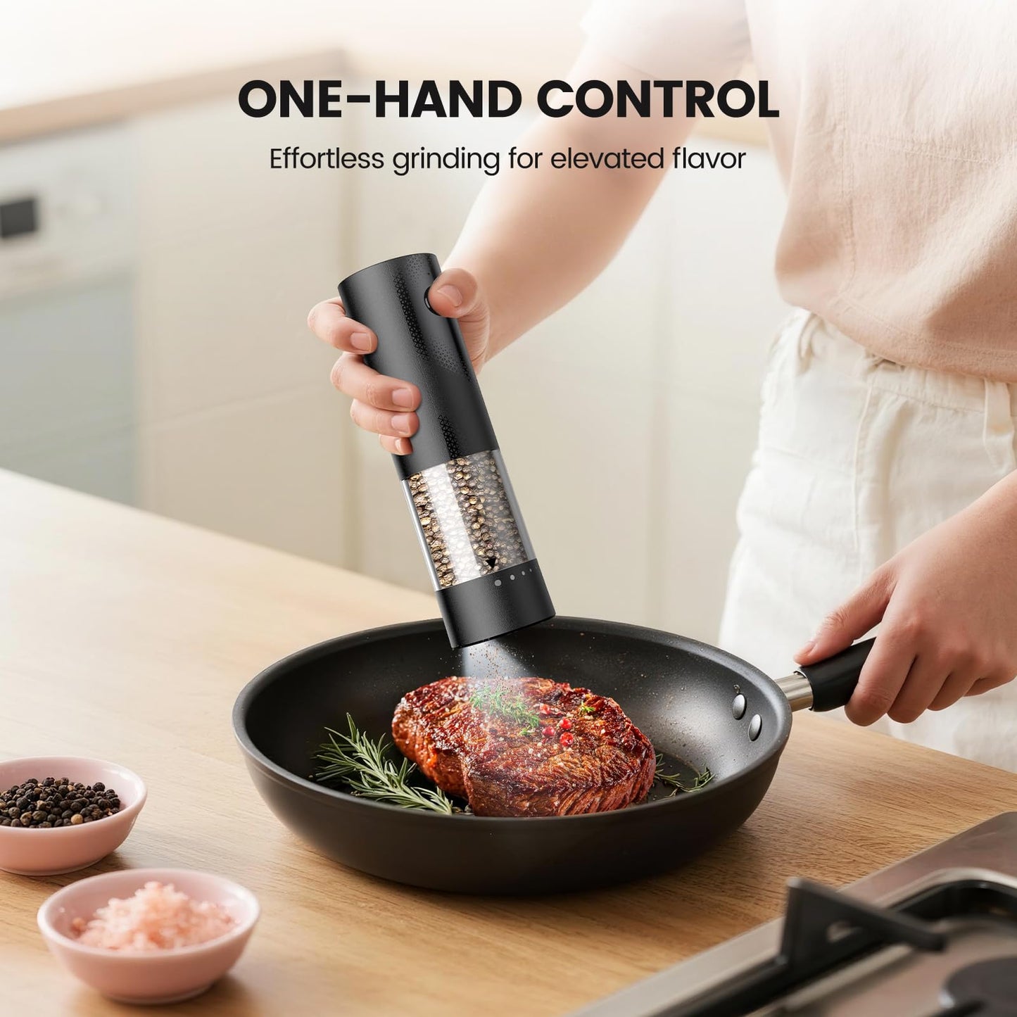 Electric Salt and Pepper Grinder Set - Rechargeable Automatic Salt and Pepper Shakers, Kitchen Appliances with External Adjustable Coarseness, Larger Hopper for Cooking, Home Gifts(2 Pack,Black/Black)