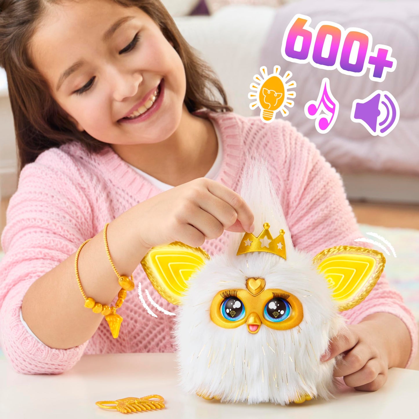 Gold Glam Interactive Plush Toys for 6 Year Old Girls & Boys & Up, Voice Activated Animatronic, Speaks English & Furbish, White
