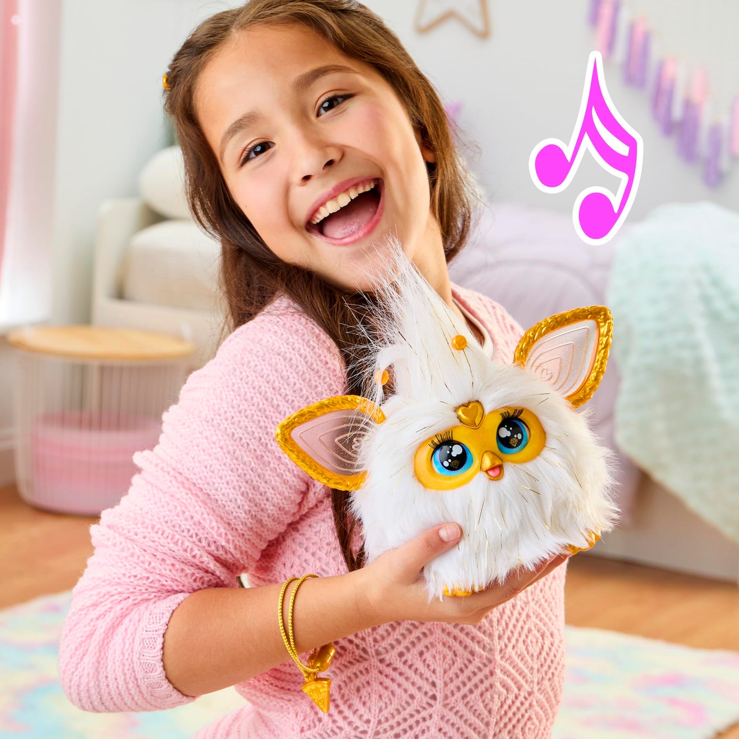 Gold Glam Interactive Plush Toys for 6 Year Old Girls & Boys & Up, Voice Activated Animatronic, Speaks English & Furbish, White